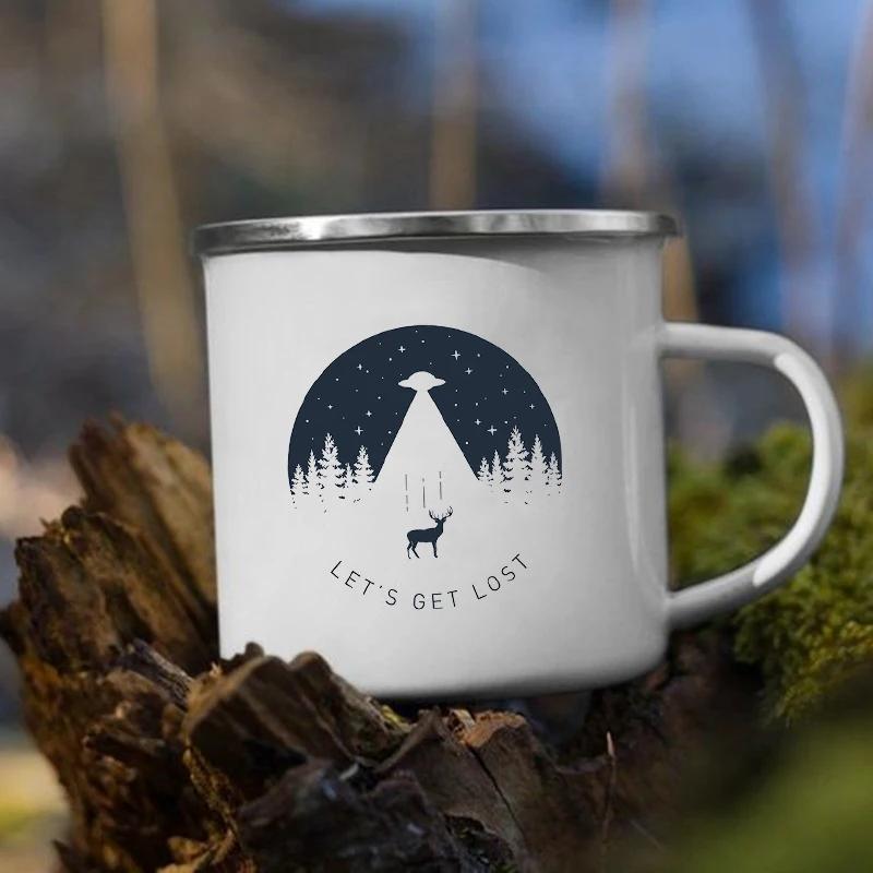 Stampa 'Le Montagne Aspettano' Tazza Smaltata Creativa Campeggio Caffè Tè Acqua Latte Tazze Manico Bicchiere Vacanza Escursionismo Regalo