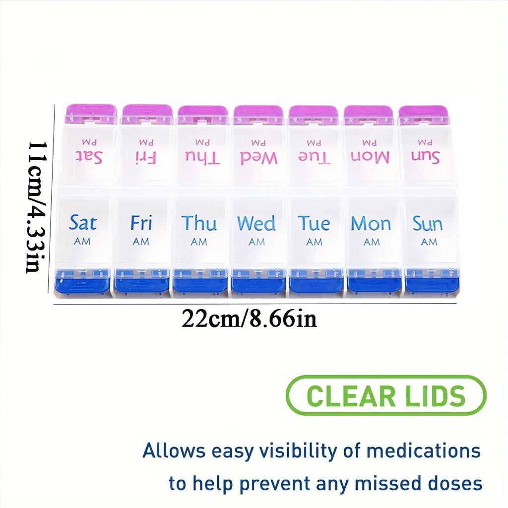 Push Button Pill Case 7 Day Medicine Planner 2 Times A Day Arthritis Friendly Clear Lids BPA Free Daily Tablet Vitamin Organizer
