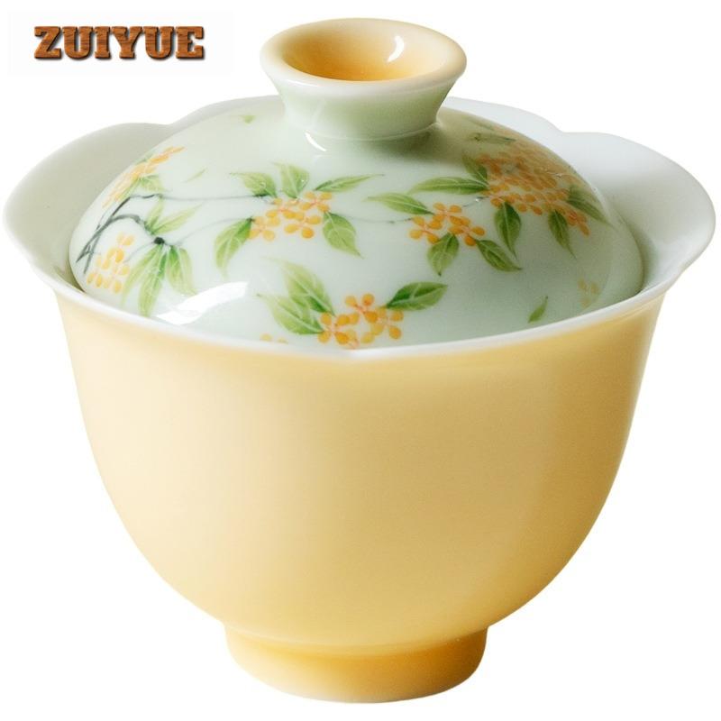 100ml Apricot Yellow Hand-painted Osmanthus Gaiwan Luxury Tea Tureen Tea Bowl With Lid Kit Tea Making Cover Bowl Teaware Gift