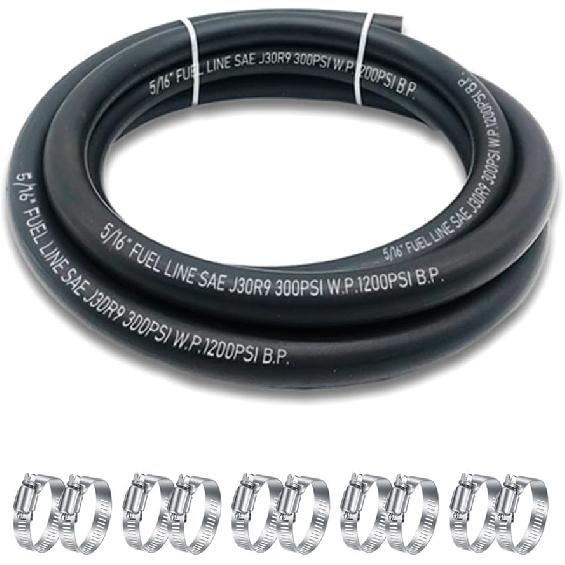 5/16 Inch ID Fuel Line Hose, J30R9 NBR Rubber Push Lock Hose High-Pressure 300PSI Gasoline Tube with 10 PCS SS Clamps for Fuel Systems Engines 10FT