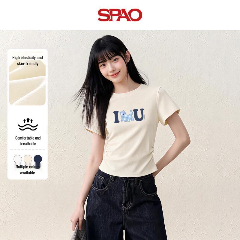SPAO Women s Slim Fit Shirred Crew Neck Short Sleeve T-Shirt L