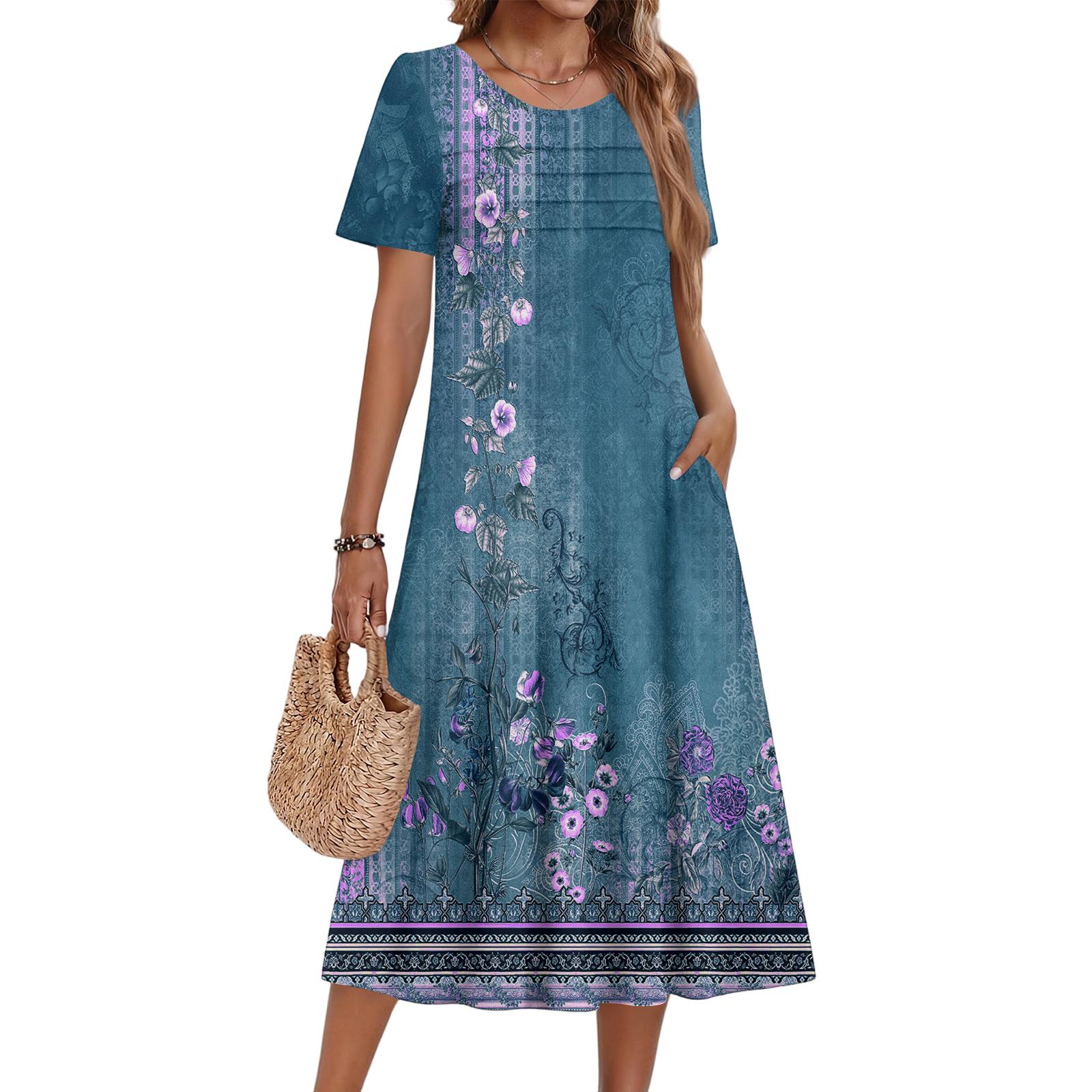 Ladies  Floral Printed Casual And Fashionable Short Sleeved Round Neck Dress XL синий