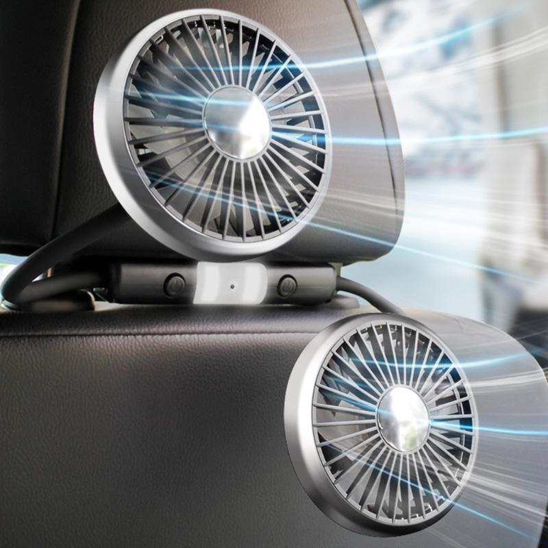 Car Cooling Air Fan USB Double Head Car ElectricCooling Air Fan for Rear Seat 360 Degree Rotatable with LED