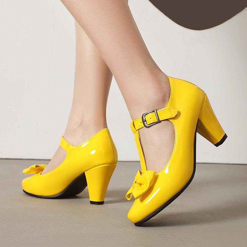 FOREADA Scarpe Mary Jane da Donna con Tacco in Vernice Punta Tonda Tacco Grosso Fibbia Fiocco T-Strap Décolleté Scarpe Moda Donna Primavera Autunno Rosa 46