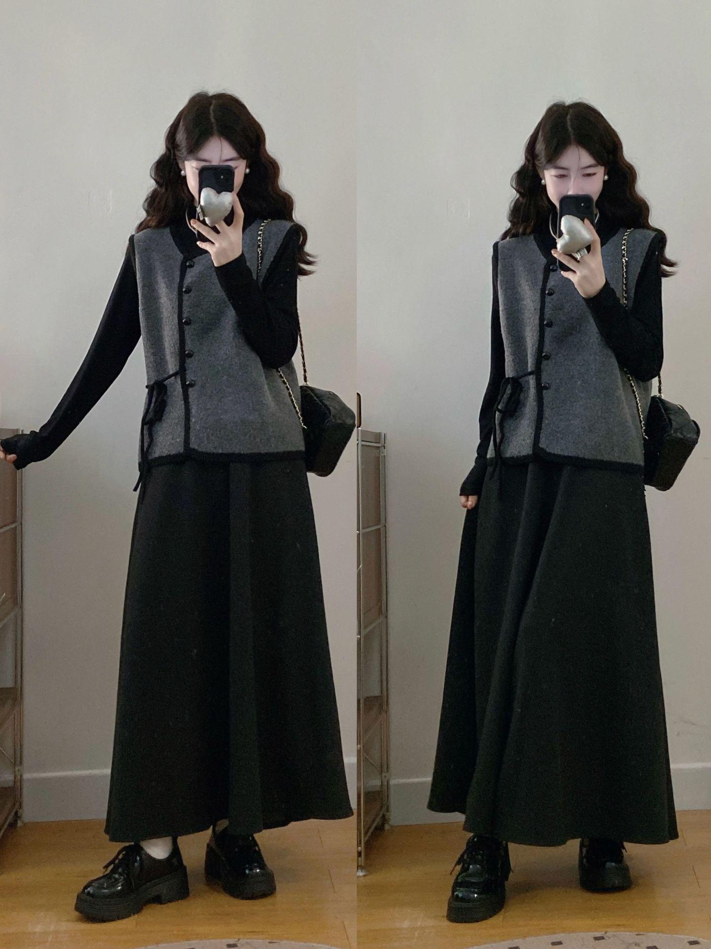 Plus Size French Chic Knit Vest, Long Sleeve Top & Skirt Set XL