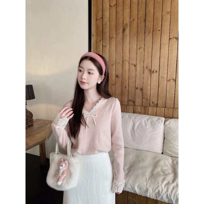 Pink bow-tied bottoming shirt top women's winter inner lace collar design knitted sweater