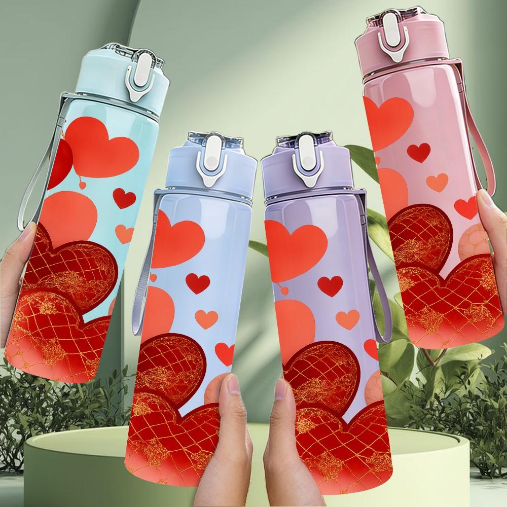 1PC Red Heart Rose Romantic Art Print 750ml Color Plastic Sports Water Bottle Leakproof Flip Straw Lid Suitable for Sports Office Home Use