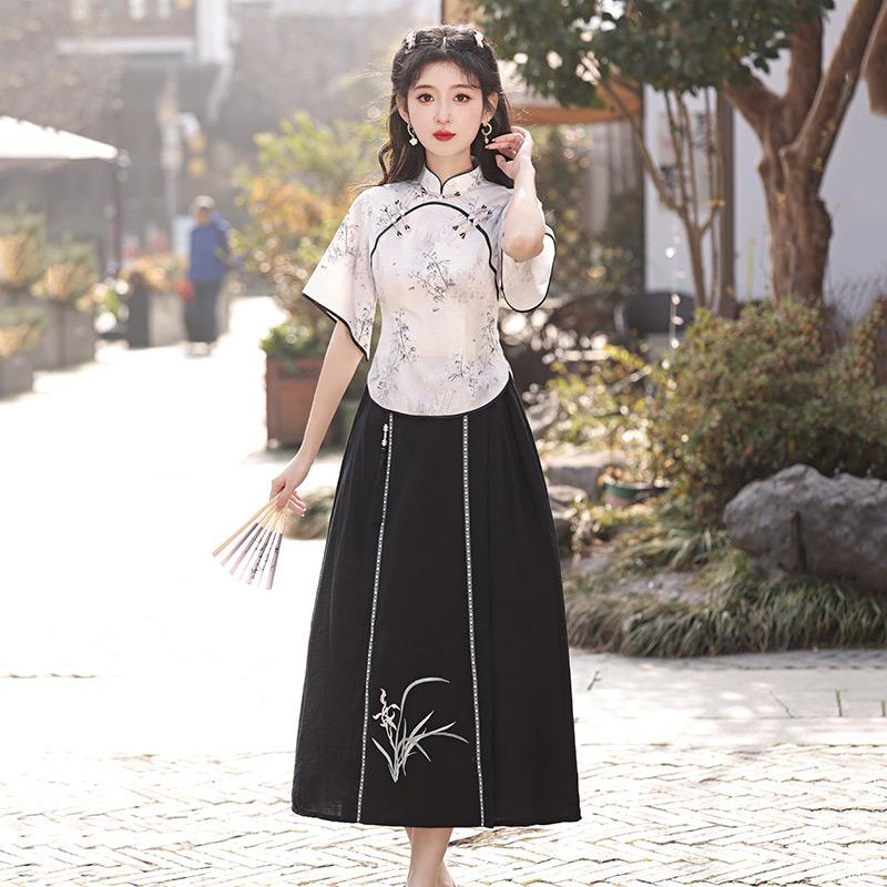 Chinese Style New Chinese Style Daily Improvement Cheongsam Top Two-piece Suit Skirt Young Girl Retro Short Sleeve Spring and Summer