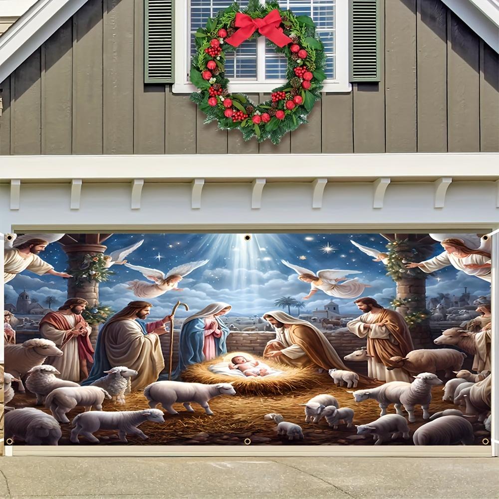 Easter and Christmas Carport Banner, Durable Polyester, Decorated with Patterns of Jesus' Birth, Angels and Sheep