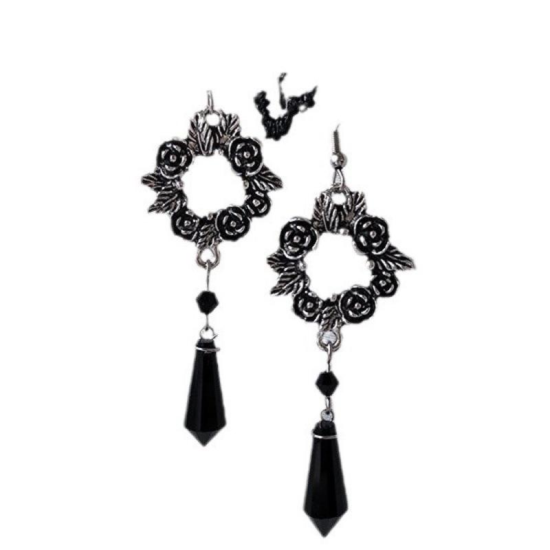 Gothic Rose Black Crystal Pendant Earrings - Vintage Fashion Jewelry