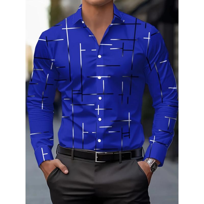 Men's Casual Geometric Print Long Sleeve Shirt - Breathable Button-Up Collared Shirt for Spring & Fall
