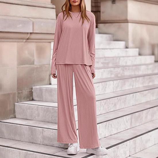 Women's Autumn 2-Piece Set: Long Sleeve Ribbed Knit Top & Wide Leg Pants - Casual & Postpartum Wear