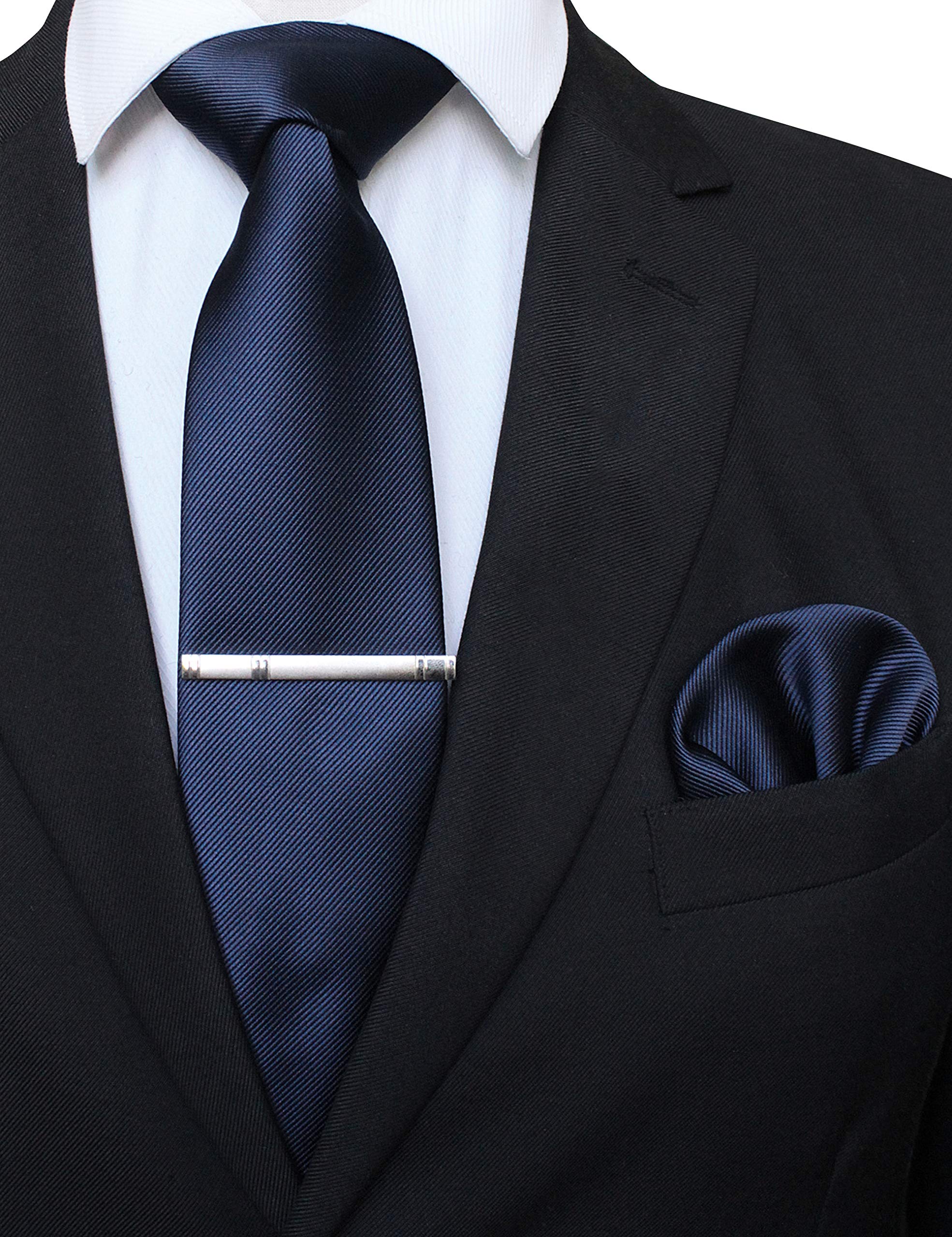 [Jemigins] Plain Navy Blue Silk Tie, Pocket Square, Business Suit Tie, Tie Pin, and Handkerchief Set