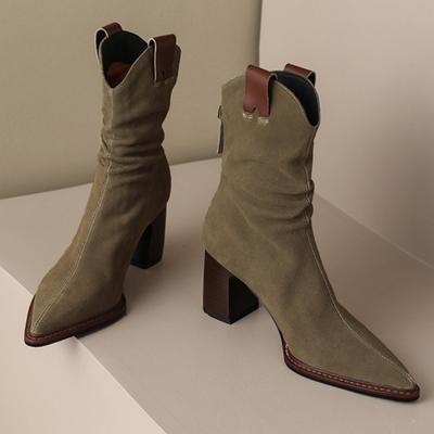 Suede Low Heel Ankle Boots Chunky Western Cowboy Boots for Ladies Wrinkles Pointed Retro Knights Short Boot Nubuck Chelsea Boots
