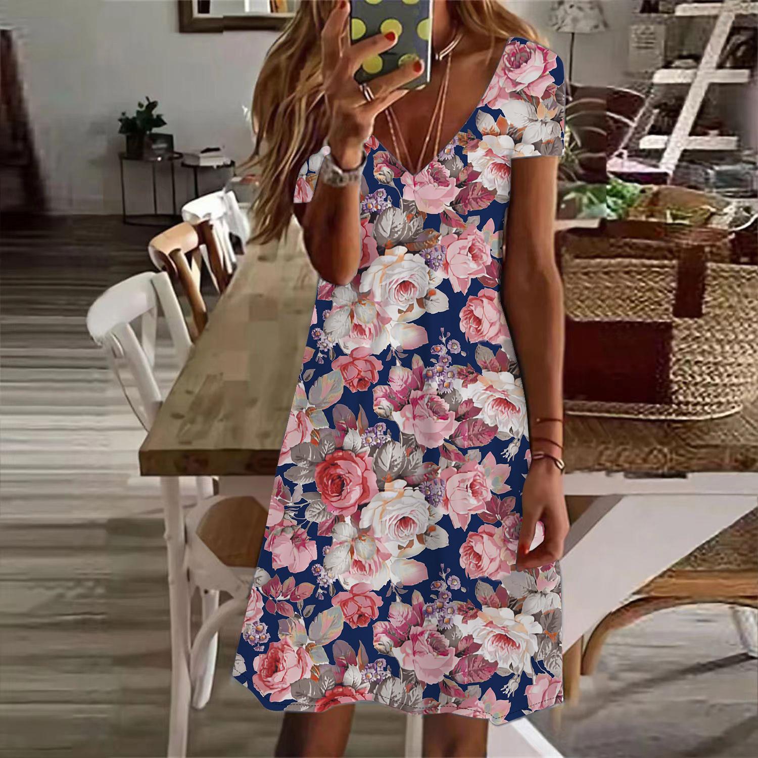 

Летняя мода женское платье с V-образным вырезом и коротким рукавом, красивое фиолетовое платье с принтом роз, сексуальное платье XS фиолетовый