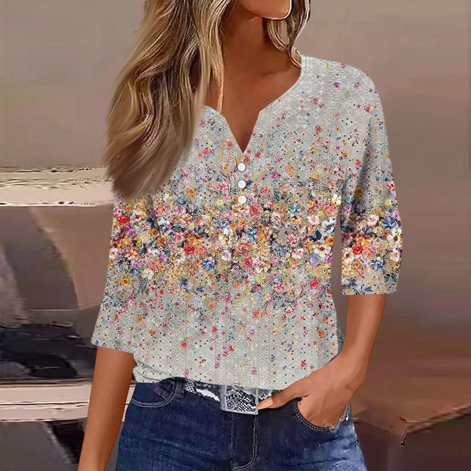 

Женская модная футболка с V-образным вырезом, пуговицами, семью рукавами, повседневный топ с цветочным принтом XXL хаки