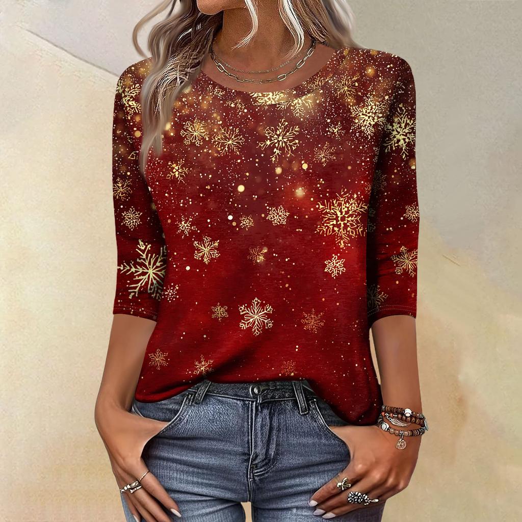 Women's Fashion Casual Christmas Tree Printed Round Neck Three-Quarter Sleeve T-Shirt Top