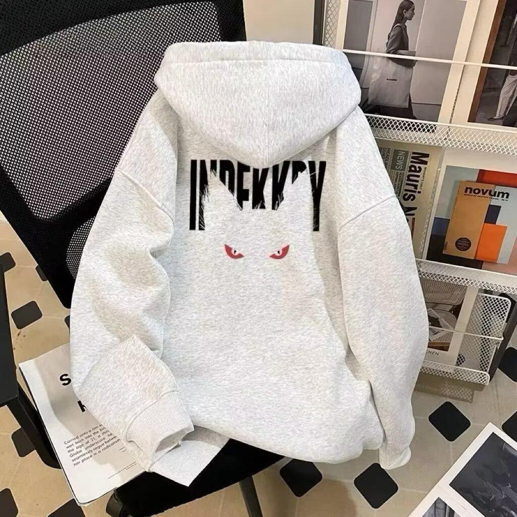 Plush-Lined Hooded Sweatshirt: Trendy Print Loose-Fit Men's Jacket for Autumn/Winter