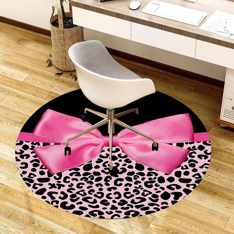 1 Stück Rosa Leopardenmuster Schleife Rutschfester Runder Teppich für Boden, Büro, Familie, Schlafzimmer, Großer Teppich Innenbereich, Langlebiges Polyester H0365