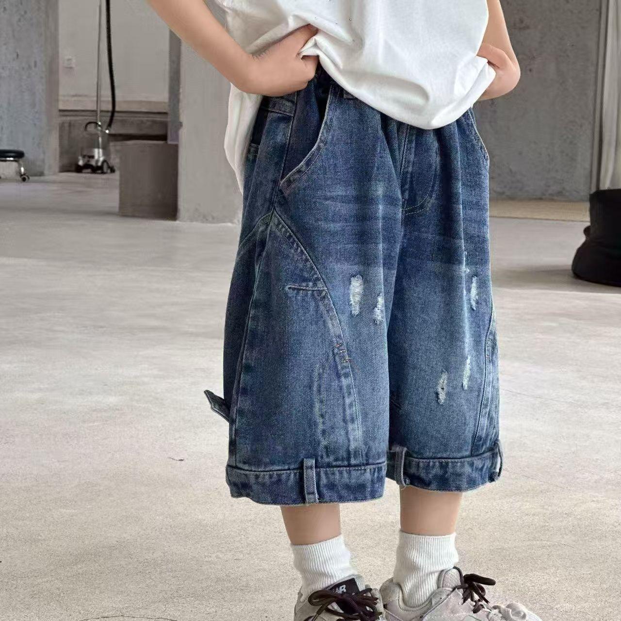 2026 Kids Trendy Ripped Denim Cropped Jeans - Slim, Versatile, & Loose-Fit for Boys 150 cm синий