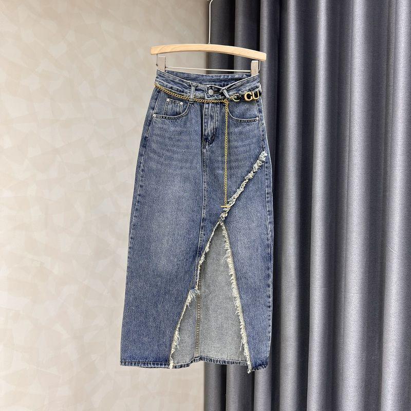 Women s Denim Midi Skirt: Slimming, Versatile, Patchwork Design with Raw Hem, High Waist, Hip-Hugging, Large Slit Hem. XL for 115-125 lbs