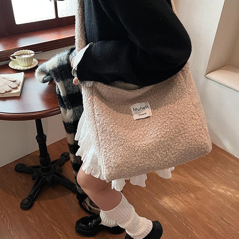 Women's Solid Color Imitation Sherpa Warm Plush Shoulder Bag with Inner Pocket Vintage Crossbody Handbag for Work & Travel KTY