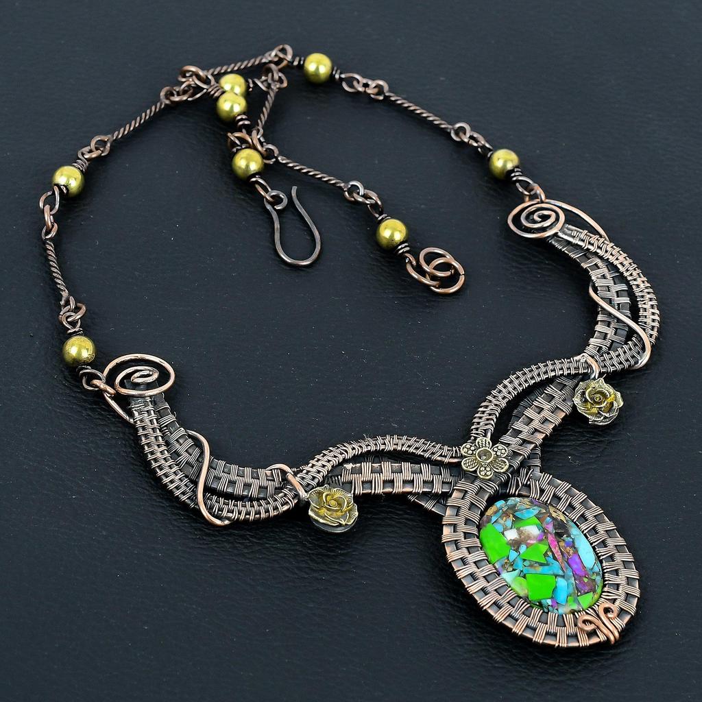 Kingman Fiesta Turquoise Handmade Gemstone Necklace, 999 Copper Wire Wrapped Necklace Antique Jewelry, For Engagement Gift