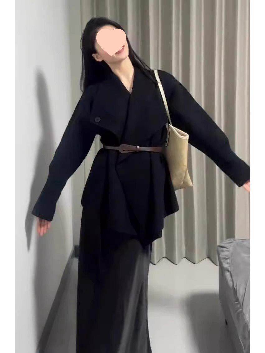 

Элегантное вязаное пальто-кардиган, облегающее талию - Женский однотонный кардиган средней длины 2025 года для осени/зимы XL (Recommended for 115-130 jin) чёрный