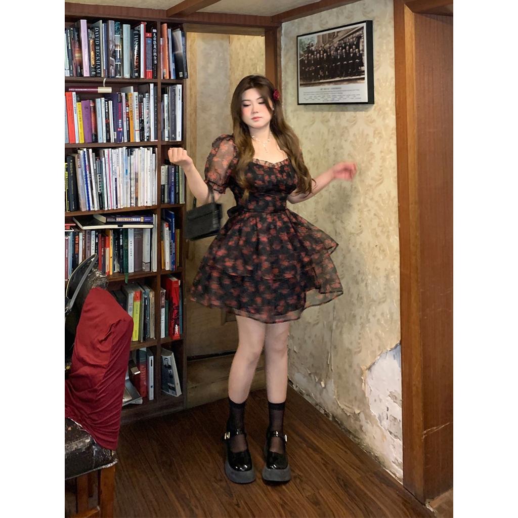 Plus Size Square Neck Short Sleeve Floral Dress for Women Summer Loose Bow Mesh Puff Sleeve Dresses