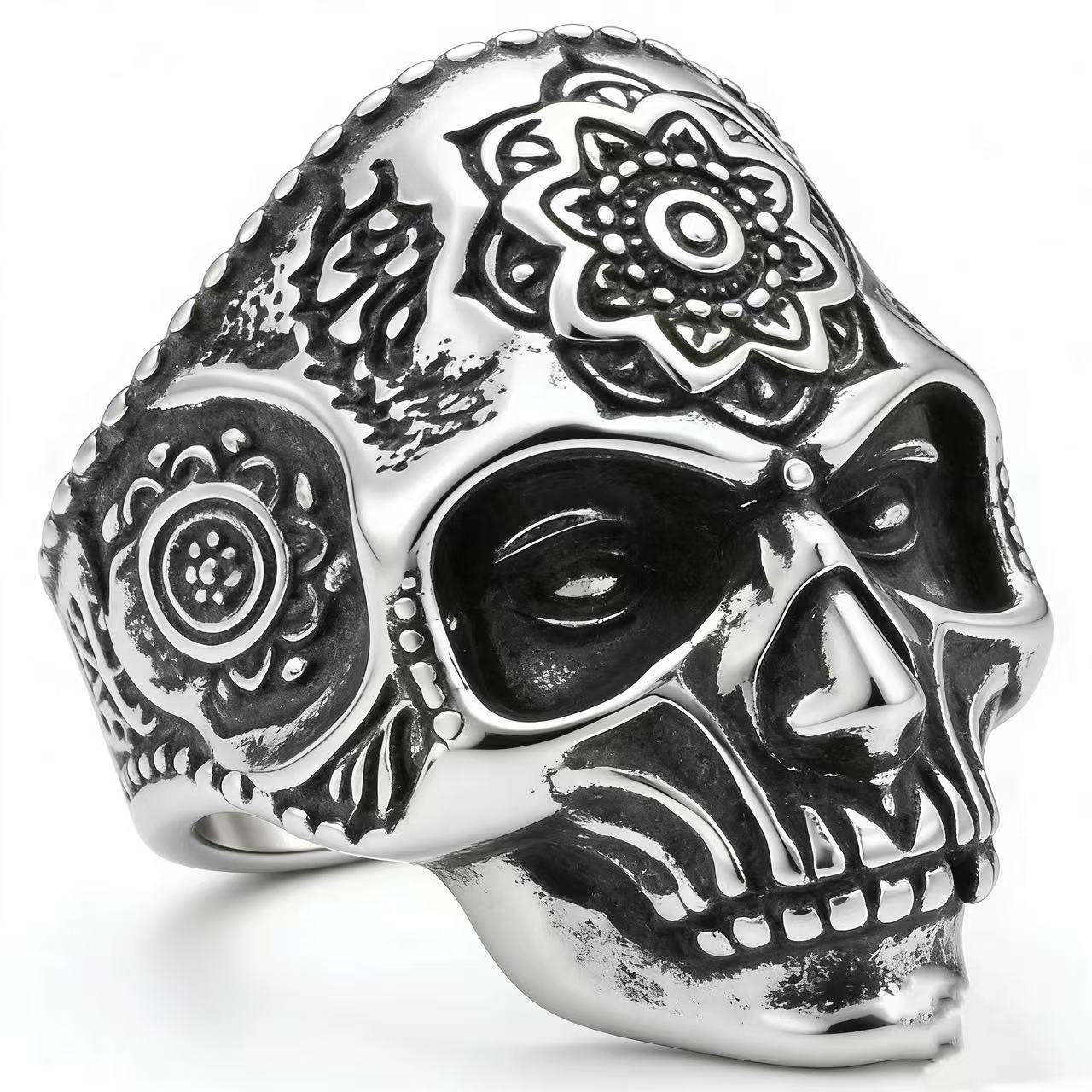 316L Stainless Steel Vintage Relief Skull Ring For Men Jewelry Punk Gothic Accessory Halloween Gift 8