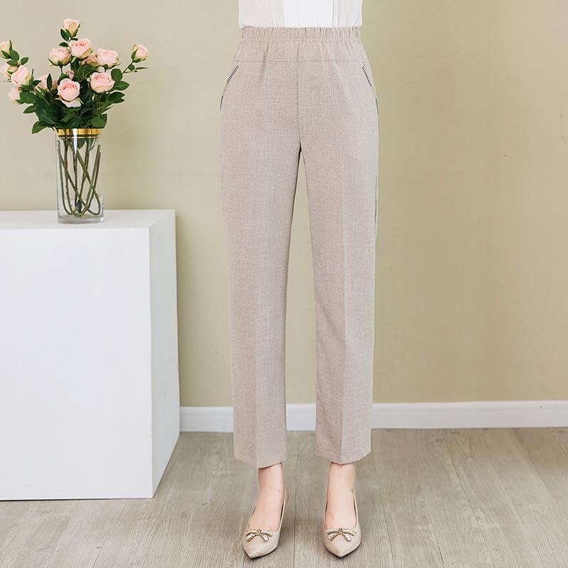 

Летние хлопковые льняные брюки женские с эластичной резинкой на талии классические брюки больших размеров с высокой талией XL бежевый