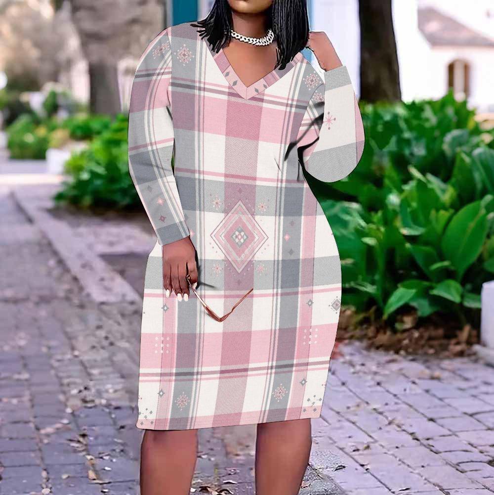 Women Plus Size V Neck Long Sleeve Printed Fitted Straight Midi Dress