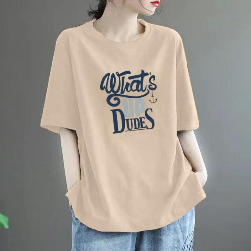 Cotton Short-sleeved T-shirt Women's Summer Loose Large Size All-match Western Casual Printed Top Trend