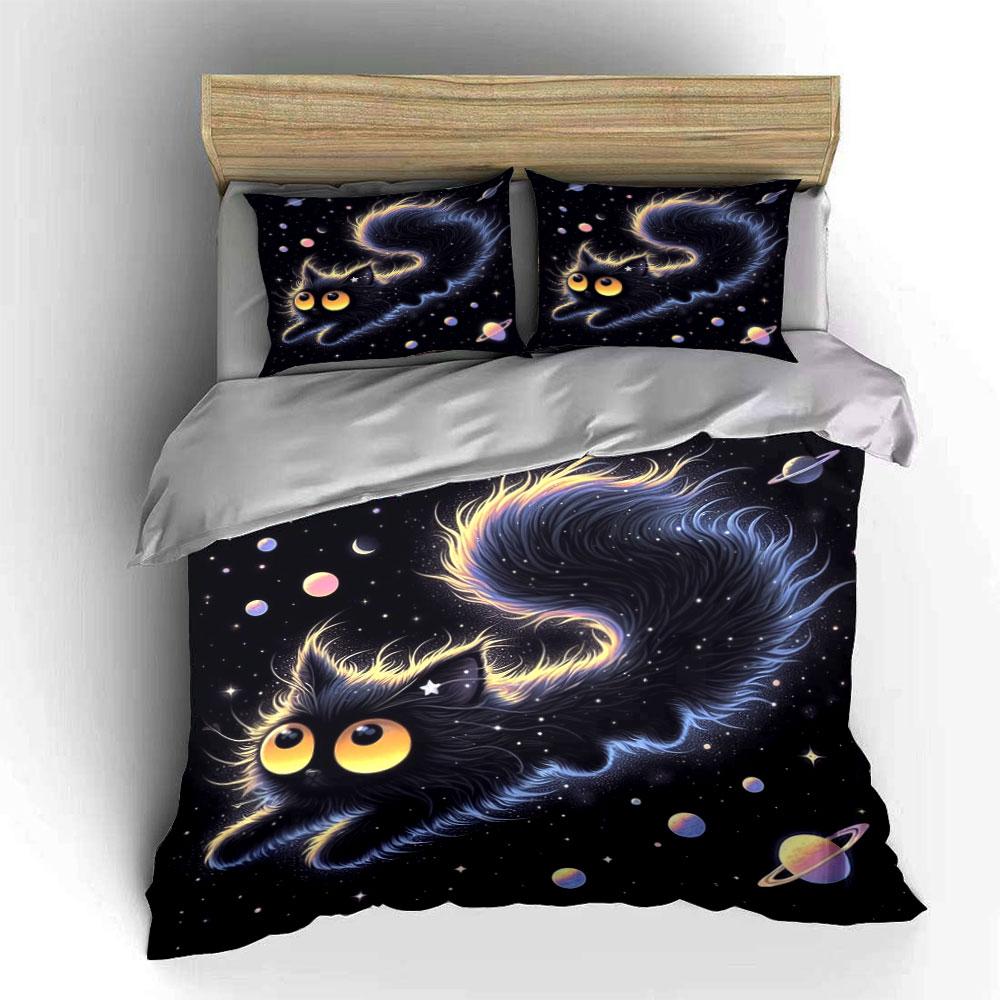 Cosmic Starry Black Cat Printed Duvet Cover Set1 Duvet Cover+2 Pillowcasemulti Size Bedroom Bedding Decor Machine Washable