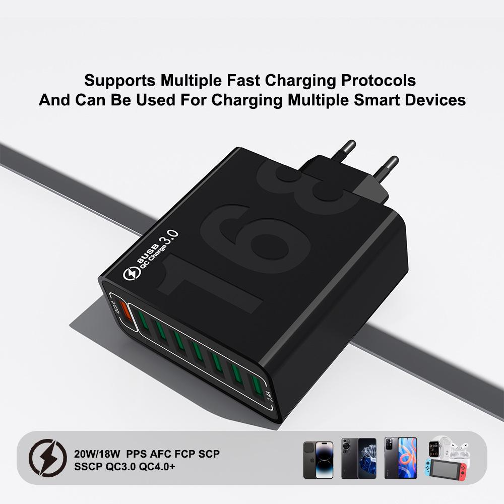 8-Port QC3.0 Fast Charging Travel Charger for Europe, America & Korea - Mobile Phone Charger