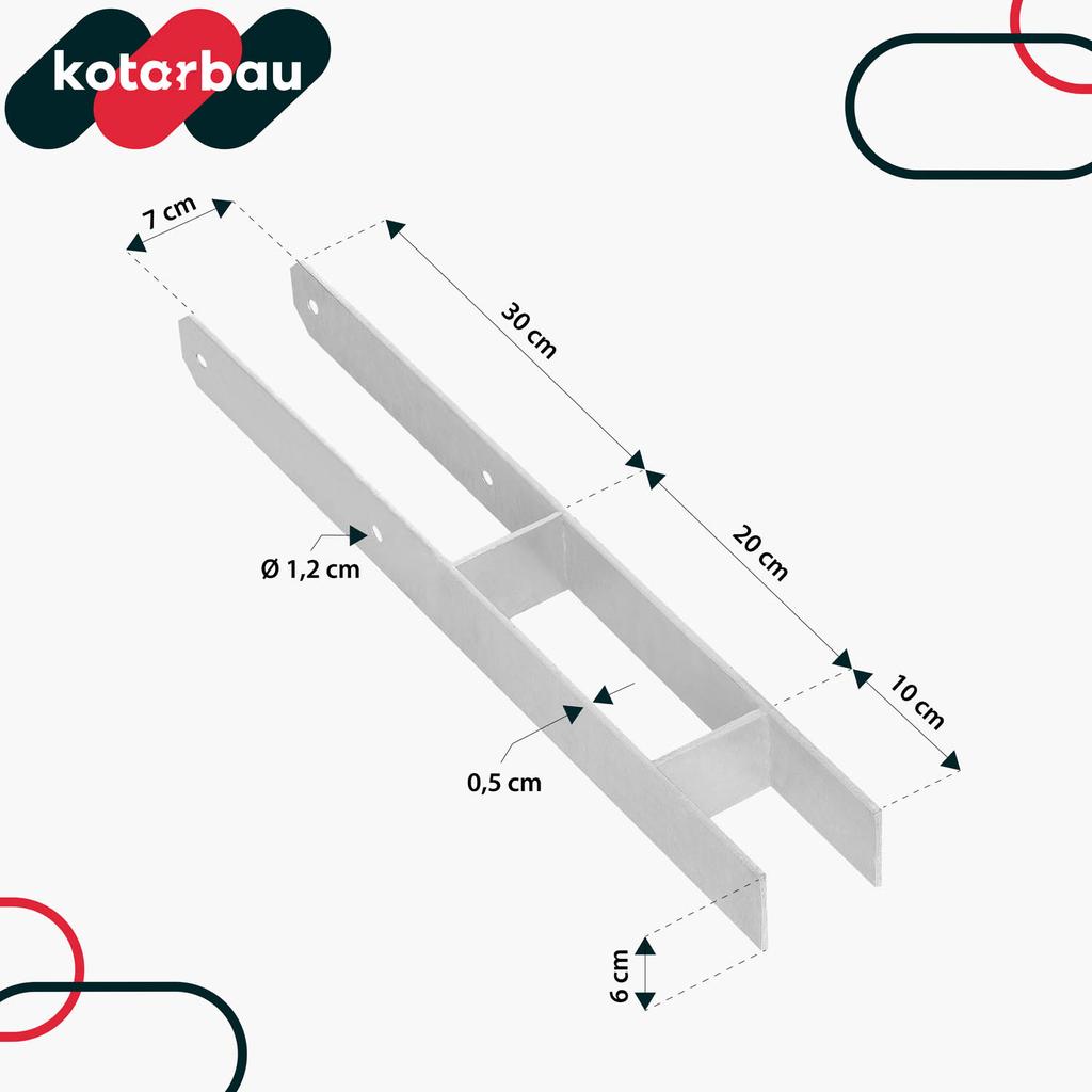 Kotarbau® H-Post Base For Embedding, Bracket, Galvanized Steel Anchor, 70 Mm, Set Of 2
