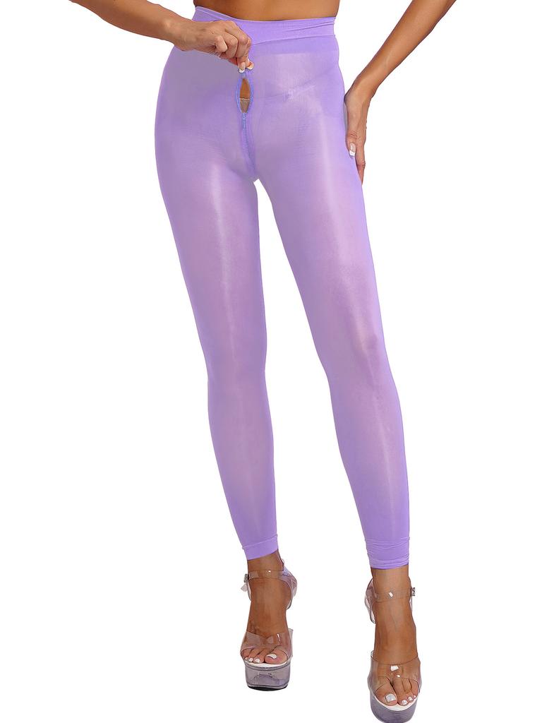Womens Solid Color Skinny Leggings Glossy Sheer Tights Pantyhose Stretchy Zipper Crotch Tights Pants Stockings See-through