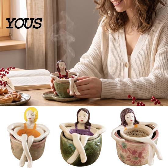 Unique Tea Steeper for Loose Bathing Girl Infuser Leaf Tea, Fine Mesh Strainer, Creative Resin Compact Office Sitting Figure Filter Cups and