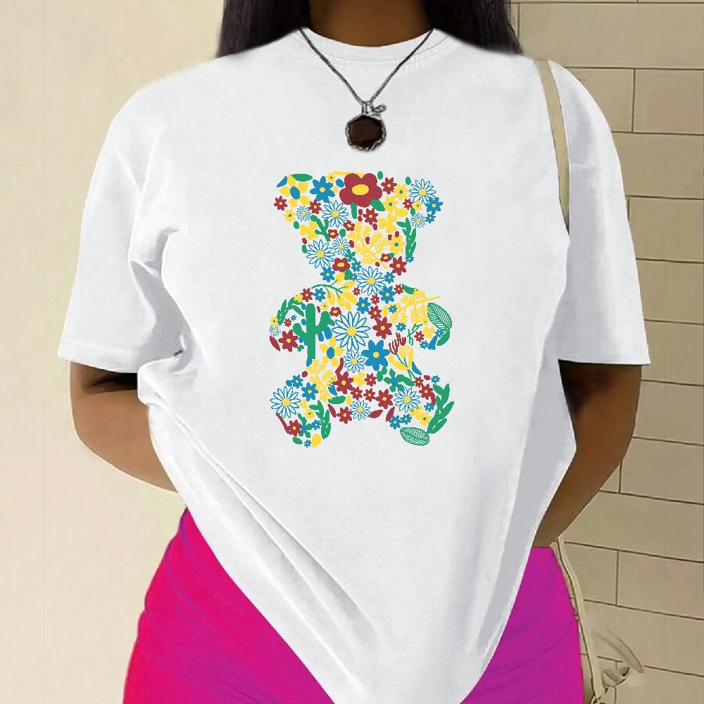 Fashion Cartoon Bear Cotton T-Shirt Short Sleeve Round Neck Women 2d Print Tops