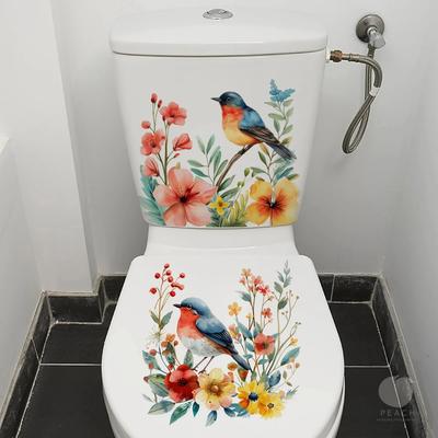 2 Pezzi Adesivo Fai da Te per Bagno Design Fiore Uccello per Decorazione Serbatoio WC Adesivo WC Staccabile Impermeabile