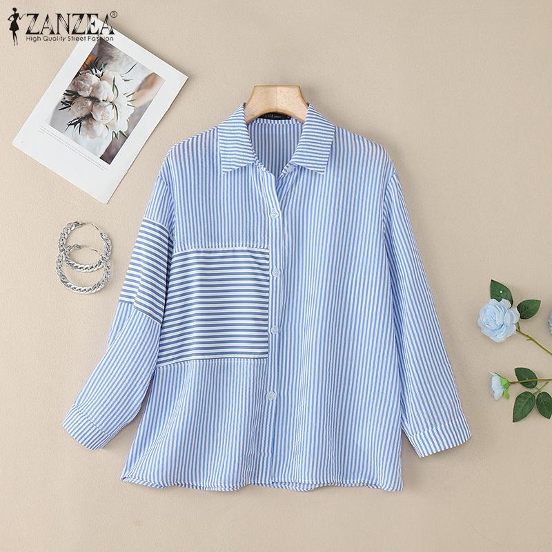 ZANZEA Women Stripe Print Casual Turn Down Collar 3/4 Sleeve Blouse
