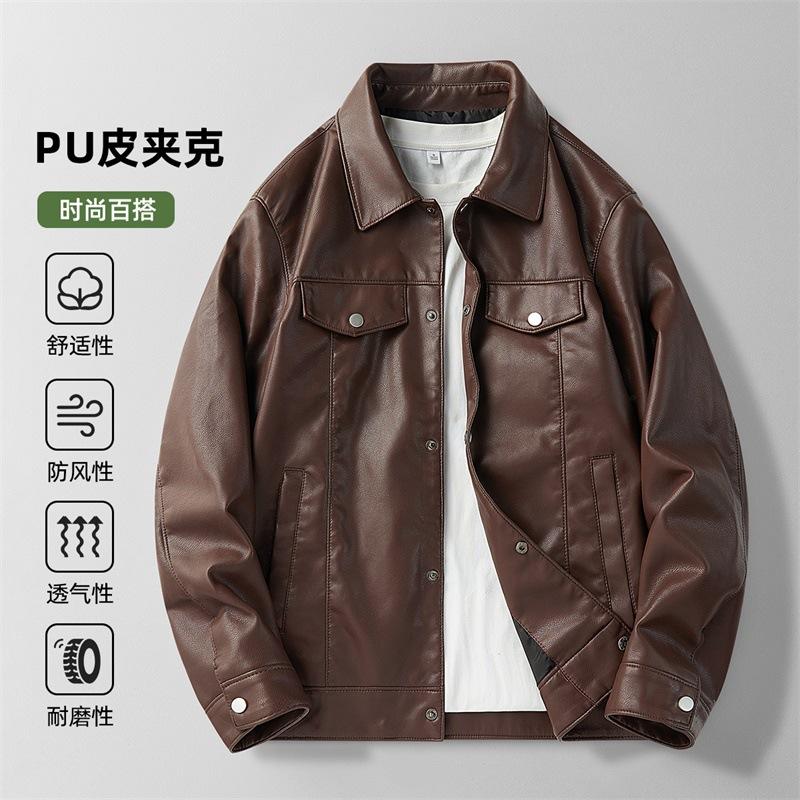 Casual Classic Lapel Black Leather Jacket Men's Fashion British Gentleman Versatile Motorcycle Jacket High Street