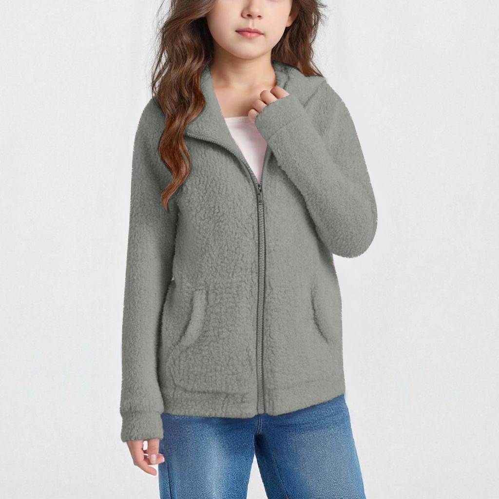 Children's Autumn/Winter Warm Fleece Hooded Pocket Long-Sleeve Solid-Color Jacket
