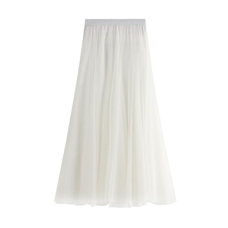 Women's Tulle Skirt Elastic High Waisted A-Line Layered Flowy Long Skirts Pleated Mesh Midi Skirts for Women Casual Beach Ruffle Skirts for Party