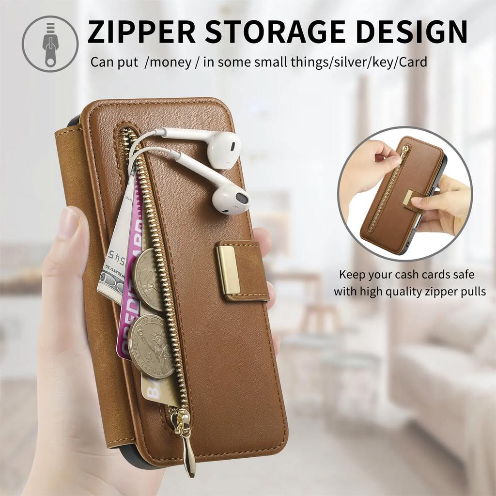 2 in 1 Detachable Cards Solt Zipper Wallet Leather Case For iPhone 16 Pro Max 15 Plus 14 13 12 11 RFID Purse Pocket Flip Cover
