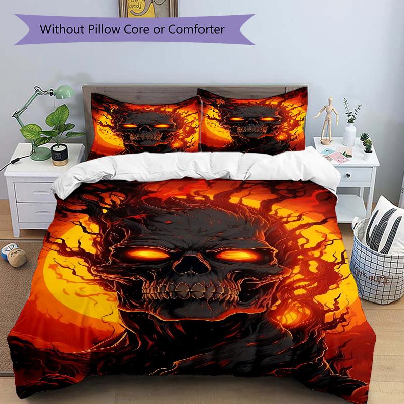 3pcs Fiery Skull Duvet Cover Set - Machine Washable, Includes 1 Cover and 2 Pillowcases, No Core Included Yy251013101