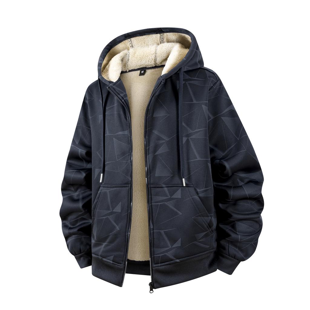 Autumn and Winter New Lamb Fleece Coat Men's Trendy Geometric Print with Thick Fleece Hoodie Jacket Hoodie