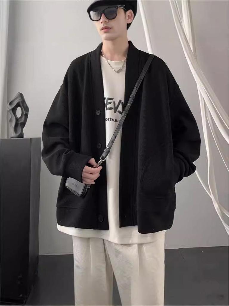 Men's Trendy V-Neck Waffle Knit Cardigan Hoodie - Spring/Autumn Casual Loose Fit Jacket