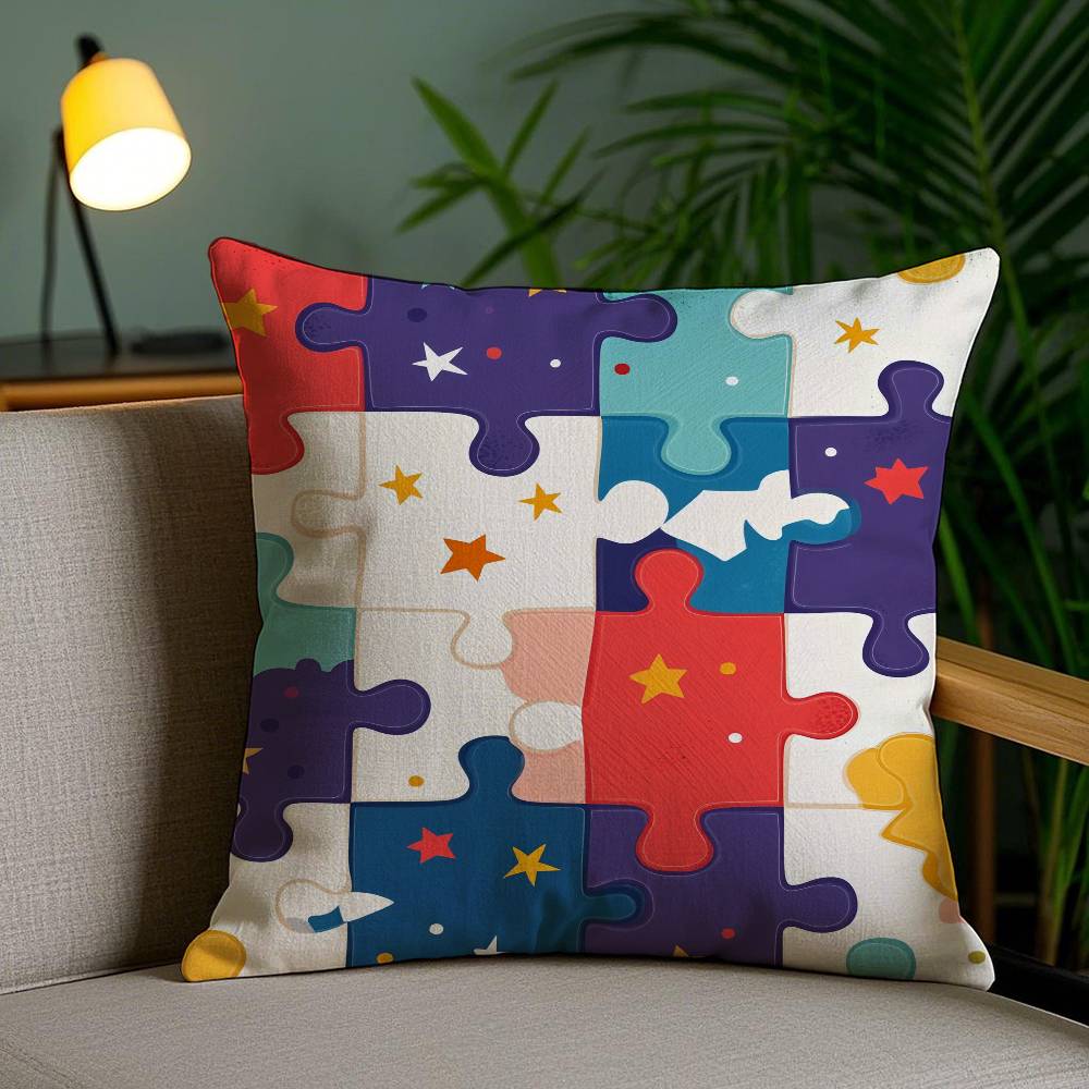 Cute Jigsaw Puzzle Pillow Case Plush Fabric Soft Pillowcase Double Sided Print Sofa Cushion Cover Throw