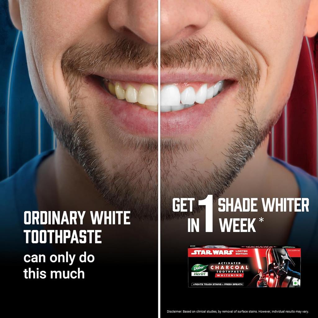 Dabur Herb'l Activated Charcoal & Mint Toothpaste - 240g (120g X 2) | Whitening Black Gel | Fluoride Free | Fights Plaque & Stains